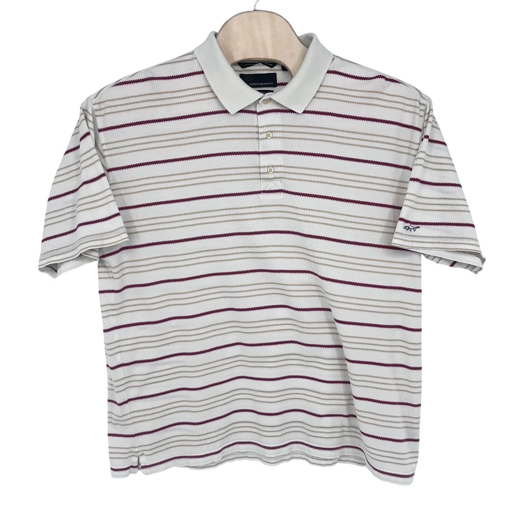 Greg Norman Polo Shirt Men XL White Burgundy Striped Golfcore Sporty Classic